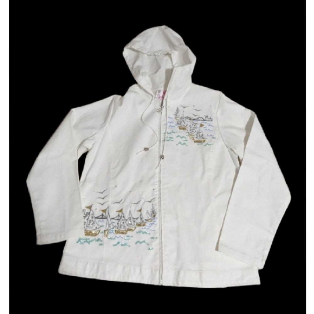NWT Women Quacker Factory White Zip Hood XS Nautical Jacket Cotton - Picture 4 of 14